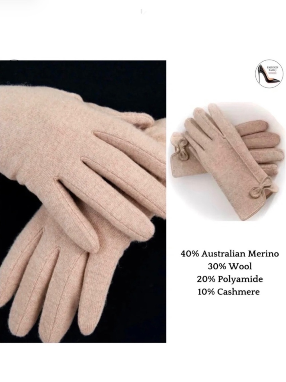 Luxury Beige Cashmere Merino Wool Blend Gloves Women | Fleece Lined Warm Mittens